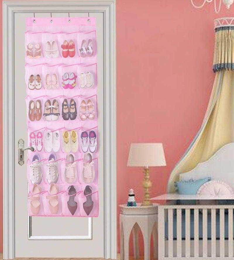MISSLO Kids Shoe Organizer Pink Room Decor for Bedroom Door Hanging Baby Closet Storage over the Rack Breathable 24 Large Mesh Pockets for Toddler Girl - Image 1